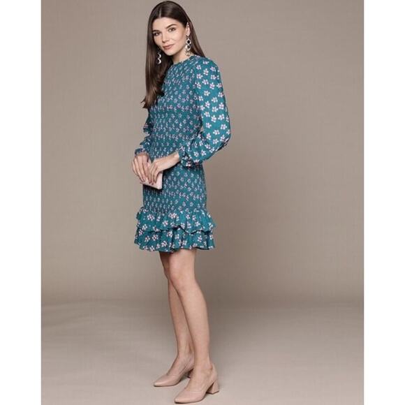 NWT LABEL RITU KUMAR Floral Print Sheath Smocked Dress with Bishop Sleeves Large - Picture 3 of 14